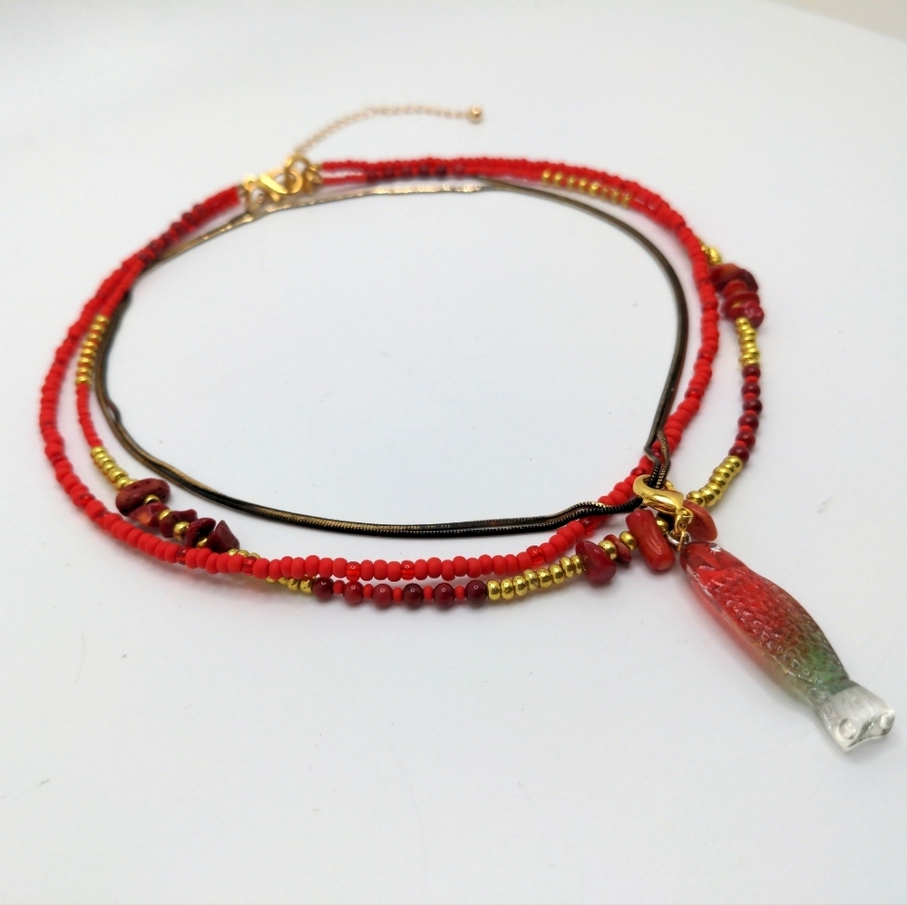 Handmade Coral Gold Snake Chain Necklace with Fish Charm